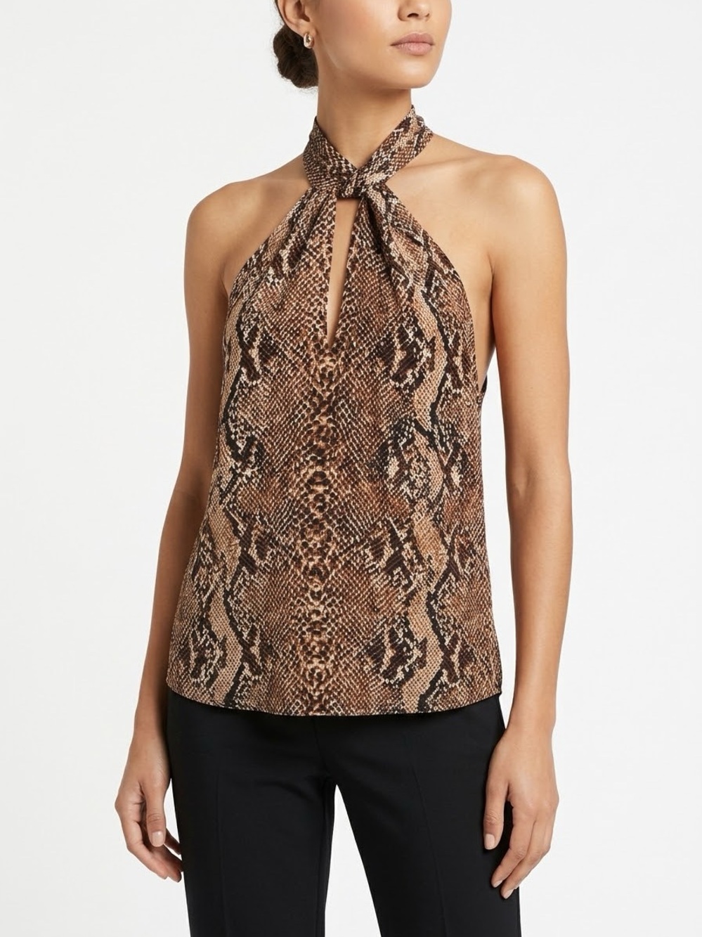 JOIE Cedra B Python-Print Sleeveless Silk Snakeskin Twist Halter Blouse - Large